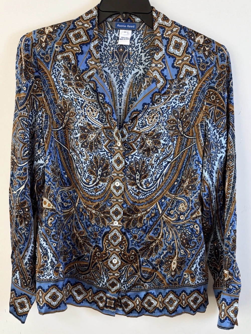 Austin Reed 100% Silk Paisley Button-Down Shirt Women's Size 14 Blue Brown